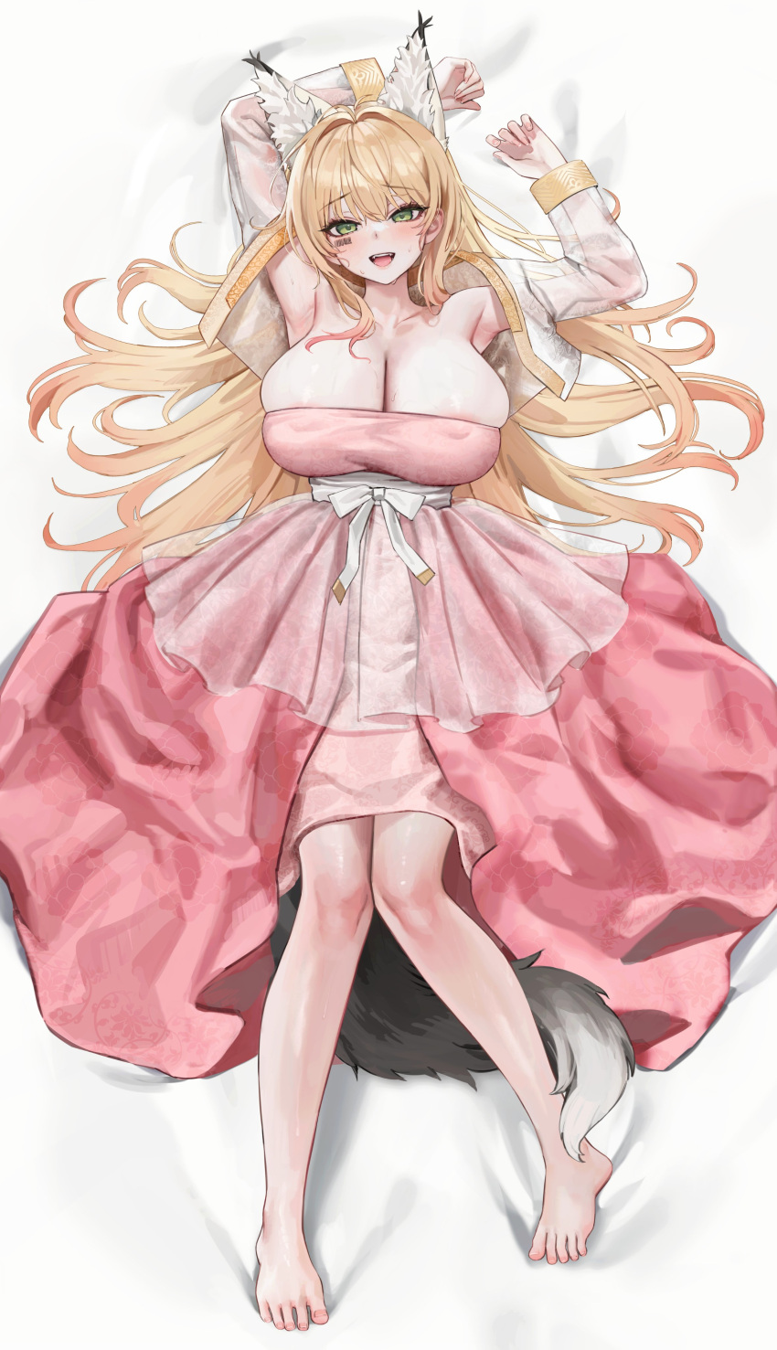 1girl absurdres animal_ear_fluff animal_ears areola_slip arm_up armpits barefoot bed_sheet blonde_hair breasts cleavage collarbone covered_nipples dress feet fox_ears full_body gompang_11 hair_intakes highres huge_breasts layered_dress long_hair looking_at_viewer lying on_back on_bed open_mouth original pink_dress skindentation smile solo toes yellow_eyes