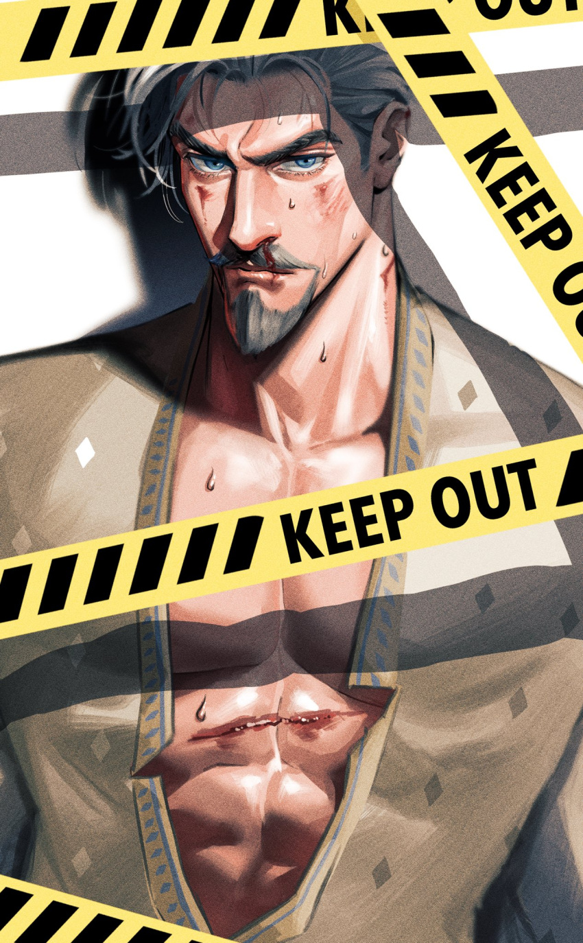 1boy bleeding blood blood_on_face blood_on_mouth blue_eyes bruise caution_tape center_opening cleavage_cutout closed_mouth clothing_cutout colored_skin facial_hair furrowed_brow grey_hair highres injury king_magnifico looking_at_viewer male_focus mature_male muscular muscular_male mustache nosebleed pectoral_cleavage pectorals robe royal_robe scratches serious shade solo sweat thick_mustache tobo_katsuo white_background white_robe white_skin wish_(disney)