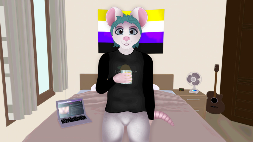 16:9 andromorph anthro bed bedroom beverage bottomless clothed clothing container cup digital_media_(artwork) furniture genitals glass half_naked hi_res holding_glass holding_object intersex lgbt_pride looking_at_viewer mammal mouse murid murine mynka no_underwear nonbinary_(lore) nonbinary_pride_colors pantsless pride_color_flag pride_colors pussy rodent shirt tail topwear widescreen