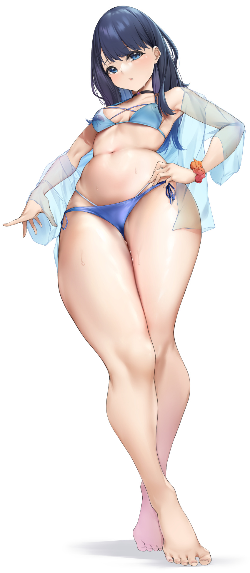 1girl absurdres barefoot bikini blue_eyes blue_hair breasts check_commentary choker commentary commentary_request crossed_legs curvy eyelashes from_below full_body gridman_universe hair_over_shoulder hand_on_own_hip highres knees long_bangs long_hair looking_at_viewer navel off_shoulder outstretched_arm panties parted_lips plump pointing pointing_to_the_side print_bikini scrunchie see-through see-through_shirt shadow simple_background small_breasts ssss.gridman stomach sweat swimsuit takarada_rikka thick_thighs thighs underwear wet white_background wrist_scrunchie zah_takara