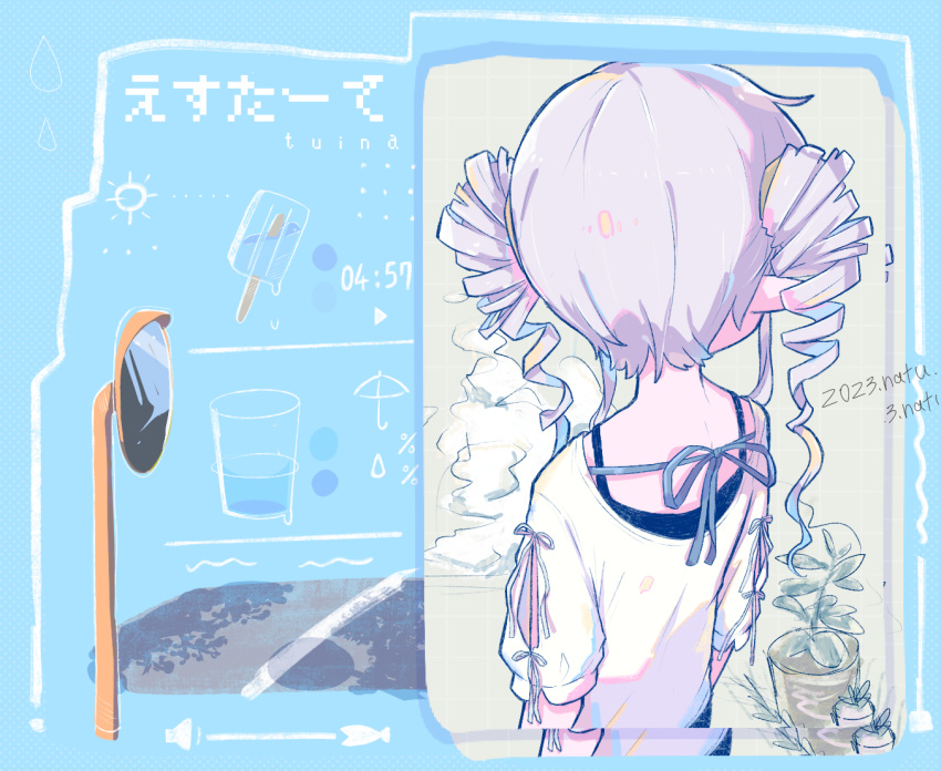 1girl arms_at_sides black_camisole blouse blue_background camisole character_name collage commentary_request cup drill_hair drinking_glass estate_(synthesizer_v) facing_away facing_to_the_side food from_behind grey_hair layered_clothes long_hair long_pointy_ears plant pointy_ears popsicle potted_plant recurring_image shirt short_sleeves solo song_name tasese timestamp traffic_mirror tsuina-chan twin_drills upper_body voiceroid water white_shirt