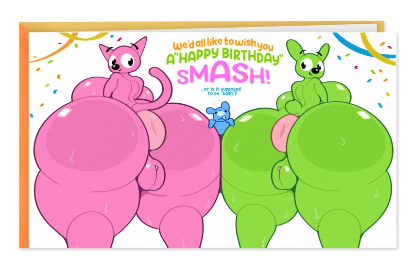 anthro anthro_on_anthro anus ass_to_ass big_breasts big_butt birthday blue_body bodily_fluids breasts bullying butt butts_touching confetti cricetid crush dogslickingsoda domestic_cat english_text felid feline felis female genitals green_body group hallmark hamster happy_birthday hoops_(hoops_and_yoyo) hoops_and_yoyo huge_butt hyper hyper_butt lagomorph leporid male male/female mammal nude piddles_(hoops_and_yoyo) pink_body puffy_anus pussy rabbit rodent smile standing streamers sweat tail text thick_thighs trio yoyo_(hoops_and_yoyo)