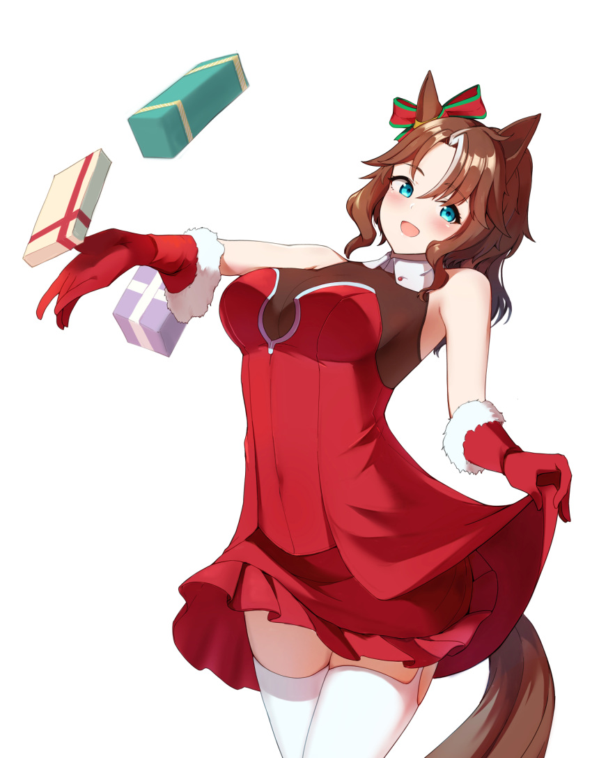 1girl animal_ears blue_eyes bow breasts brown_hair christmas commentary covered_navel cowboy_shot dress ear_bow fur-trimmed_gloves fur_trim garter_straps gift gloves halter_dress halterneck highres horse_ears horse_girl horse_tail long_hair looking_at_viewer medium_hair mejiro_palmer_(umamusume) open_mouth red_gloves santa_gloves short_dress simple_background skirt_hold sleeveless sleeveless_dress smile solo standing tail thighhighs umamusume white_background white_thighhighs yuuge_ningen