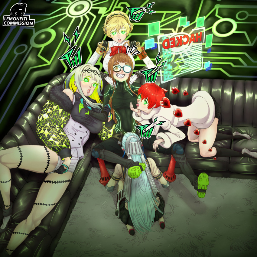 5girls aegis_(persona) android atlus bodysuit breast_sucking breast_sucking_through_clothes company_connection couch crossover cunnilingus cunnilingus_through_clothes detached_hair evil_smile fingering fingering_through_clothes gameplay_mechanics glasses glowing glowing_eyes green_eyes harem highres in-franchise_crossover joints labrys_(persona) lemonfiti mind_control multiple_girls oral orange_hair persona persona_3 persona_4:_the_ultimate_in_mayonaka_arena persona_5 persona_5_scramble:_the_phantom_strikers ringo_(soul_hackers_2) robot_joints sakura_futaba sharp_teeth short_hair smile sophia_(p5s) soul_hackers_2 teeth through_clothes twintails yuri