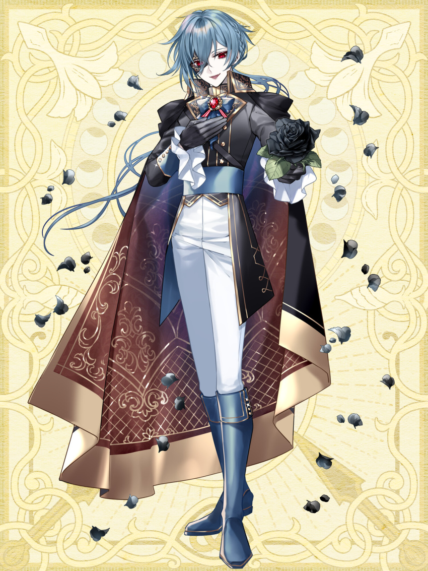 1boy :d black_cape black_flower black_gloves black_jacket black_rose blue_bow blue_bowtie blue_footwear blue_hair boots bow bowtie braid brooch brown_cape buttons cape collared_cape cuff_links cummerbund dairoku_ryouhei domino_mask double-breasted falling_petals fangs flower fold-over_boots french_braid frilled_sleeves frills full_body gem giving gloves gold_trim hair_between_eyes half_mask hand_on_own_chest highres holding holding_flower jacket jewelry knee_boots long_hair long_sleeves looking_at_viewer low_ponytail male_focus mask pants patterned_clothing petals red_eyes red_gemstone rose smile solo two-sided_cape two-sided_fabric white_pants yellow_background yusa_tk74