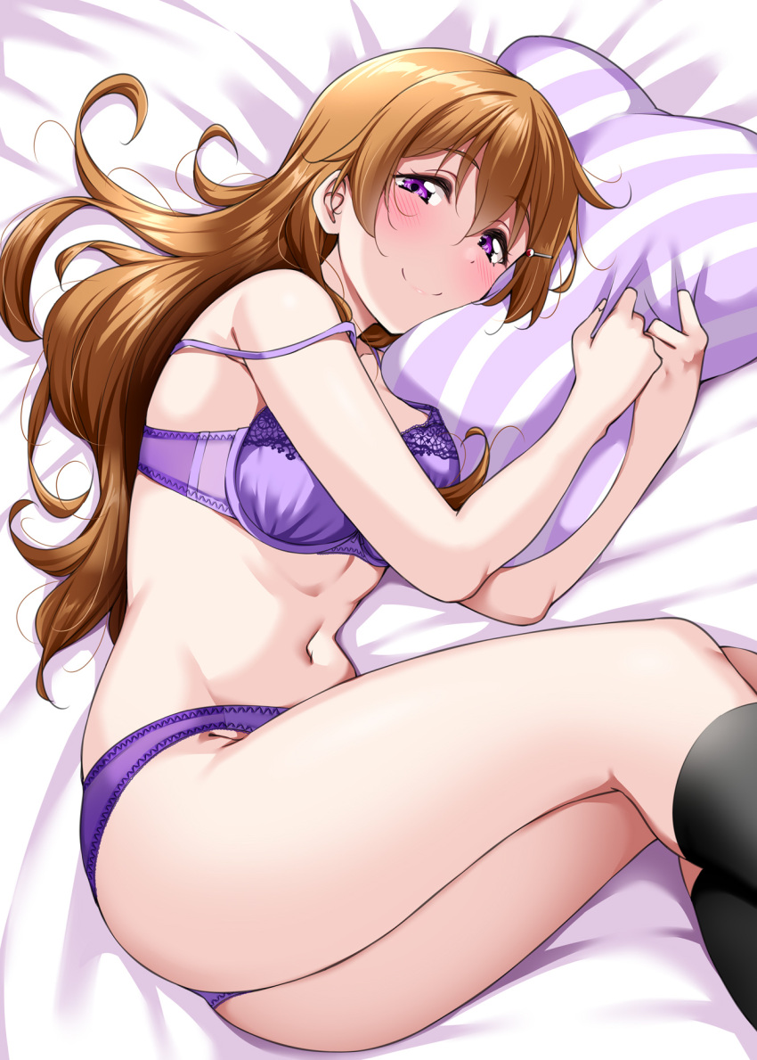 1girl ass bare_arms bare_shoulders bed_sheet black_socks blush bra breasts brown_hair closed_mouth commentary_request feet_out_of_frame groin hair_between_eyes hair_ornament hair_spread_out hairclip highres kneehighs konoe_kanata legs_together long_hair looking_at_viewer love_live! love_live!_nijigasaki_high_school_idol_club lying medium_breasts navel on_side panties pillow pillow_grab purple_bra purple_eyes purple_panties smile socks solo stomach strap_slip striped_pillow underwear underwear_only wavy_hair yopparai_oni
