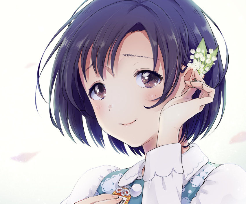 1girl adjusting_earrings aqua_vest asymmetrical_bangs birthday brown_eyes closed_mouth collared_shirt earrings eyes_visible_through_hair floral_print flower flower_request hand_on_own_chest highres holding holding_flower idolmaster idolmaster_cinderella_girls jewelry lace light_blush long_sleeves looking_at_viewer parted_bangs petals purple_hair shiragiku_hotaru shirt short_hair simple_background smile solo upper_body white_background white_flower white_shirt white_sleeves witoi_(roa)