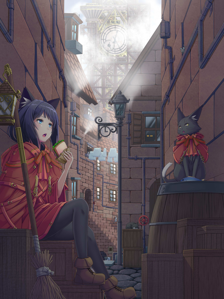 animal_ears barrel black_cat black_hair black_legwear blue_eyes boots box broom building cat cat_ears clock clock_tower coat commentary_request fish food highres holding holding_food lamppost on_box open_mouth original pantyhose pipes red_coat sandwich sitting sitting_on_box stairs tower witch yoruusagi