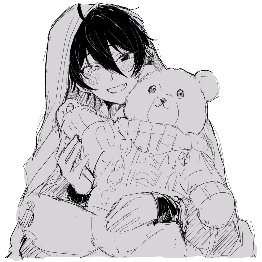 1boy ahoge black_border blush border ensemble_stars! fang grey_background greyscale heterochromia highres holding holding_stuffed_toy hood hood_up kagehira_mika long_sleeves looking_at_viewer majimuri3 male_focus monochrome simple_background sketch skin_fang solo stuffed_animal stuffed_toy teddy_bear