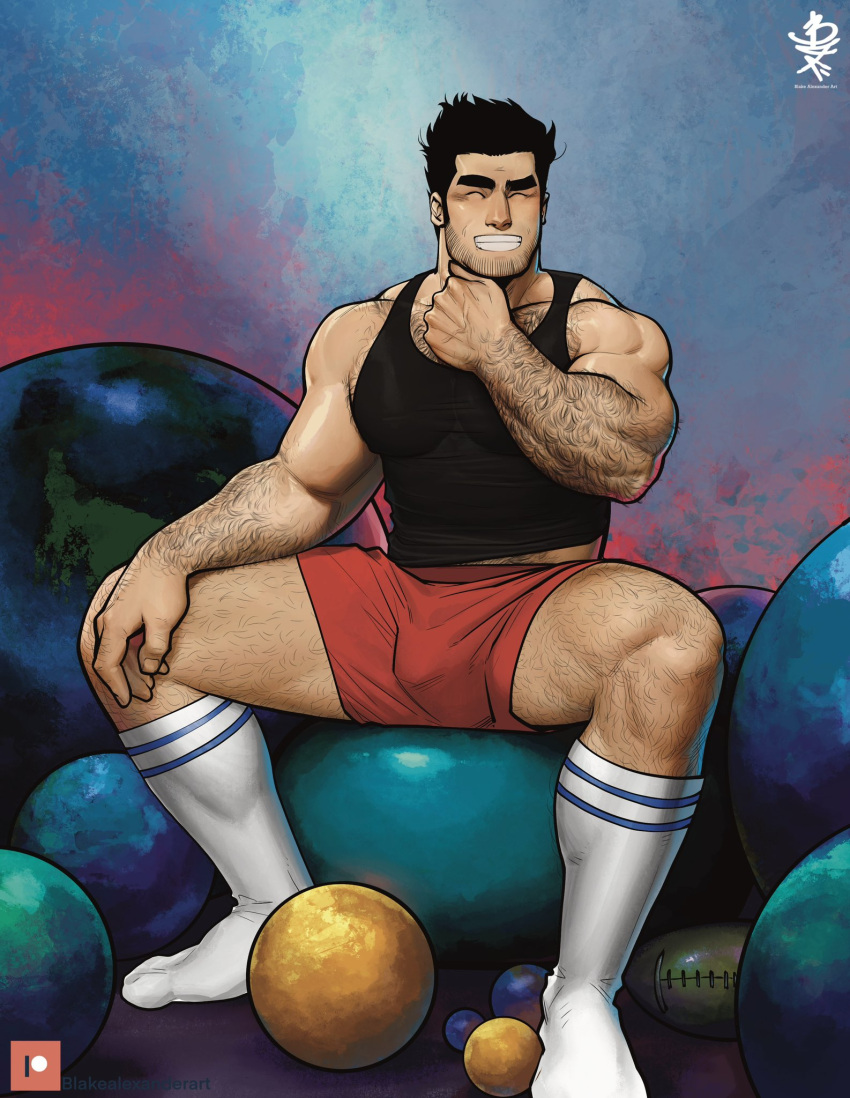 1boy arm_hair artist_name ball bara black_hair black_tank_top blake_alexander blush chest_hair closed_eyes highres large_pectorals lucas_lee male_focus muscular muscular_male patreon_username pectorals red_shorts scott_pilgrim_(series) scott_pilgrim_takes_off short_hair shorts sitting smile socks solo tank_top teeth white_socks