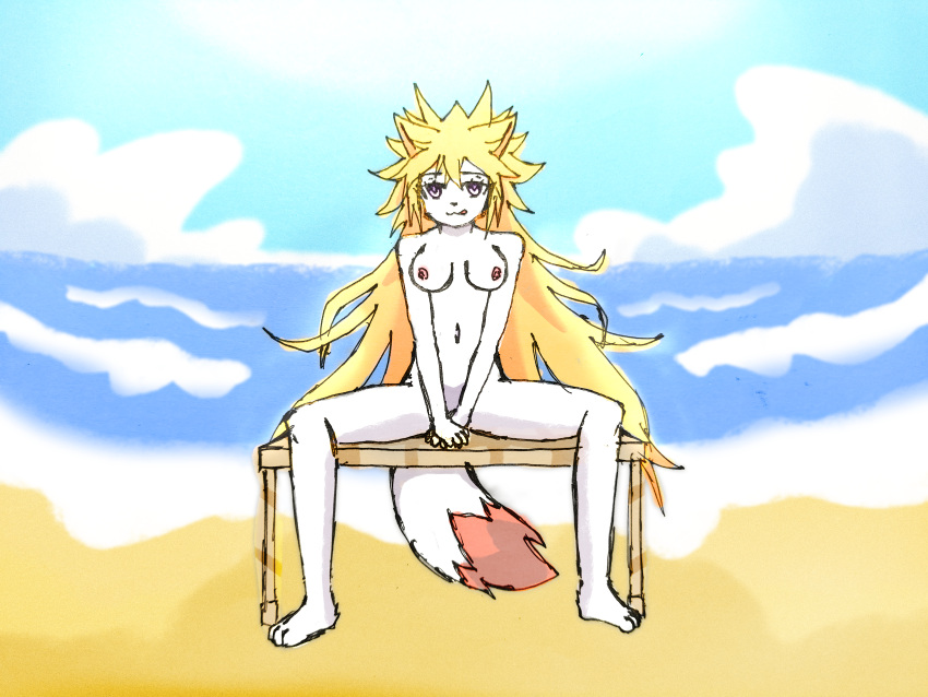 absurd_res anthro beach blonde_hair breasts canid canine chair covered_pussy exposed_breasts female female/female fox fox_ears fox_tail furniture hair hi_res licking licking_lips long_hair mammal nude on_chair purple_eyes ryuren_amasakura seaside simple_background sitting sitting_on_chair solo spiky_hair spread_legs spreading tongue tongue_out white_body yegarr