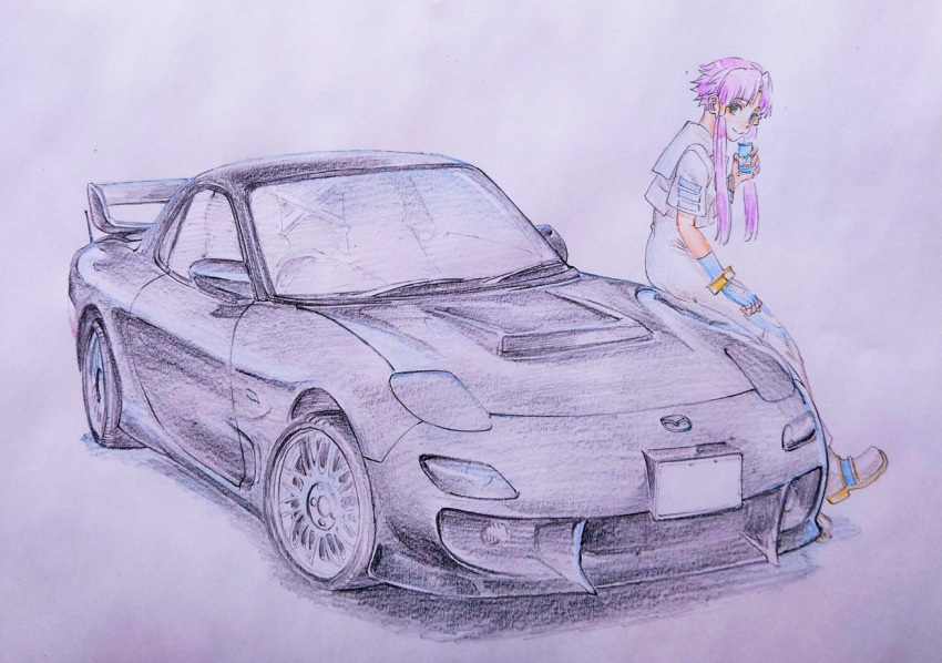 1girl aria_(manga) aria_company_uniform black_car blue_bow blue_bowtie blue_gloves bow bowtie bracelet can car cwind dress eyelashes gloves gold_trim hair_tubes holding holding_can jewelry looking_at_viewer mazda mazda_rx-7 mazda_rx-7_fd mizunashi_akari motor_vehicle on_vehicle parted_bangs pink_hair sailor_collar short_hair_with_long_locks short_sleeves single_glove sitting sketch smile solo spoiler_(automobile) sports_car traditional_media vehicle_focus white_dress white_footwear