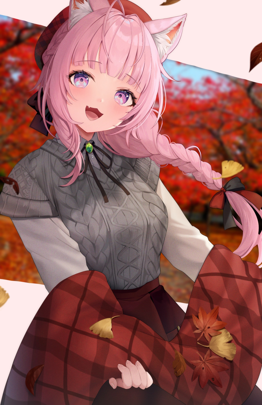 1girl :3 :d alternate_costume alternate_hairstyle animal_ear_fluff animal_ears antenna_hair autumn autumn_leaves black_ribbon blue_eyes blunt_bangs blurry blurry_background blush bow braid braided_ponytail commentary cowboy_shot depth_of_field eyelashes falling_leaves floating_hair grey_sweater hair_bow hakui_koyori happy highres holding_shawl hololive leaf long_hair long_sleeves looking_at_viewer low_ponytail maple_leaf neck_ribbon open_mouth outstretched_arms pink_hair plaid_shawl purple_eyes red_shawl ribbon shawl shirt short_sleeves smile solo standing sweater two-tone_eyes usushio very_long_hair virtual_youtuber white_shirt wolf wolf_ears