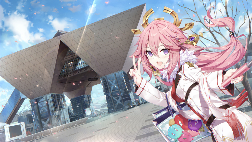 1girl animal_ears blush breasts contemporary earrings fox_ears gabiran genshin_impact hair_ornament highres jewelry long_hair looking_at_viewer medium_breasts open_mouth pink_hair purple_eyes sidelocks slime_(genshin_impact) smile tokyo_big_sight very_long_hair yae_miko