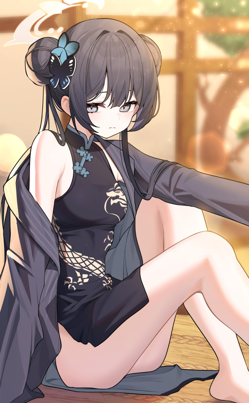 1girl absurdres ass barefoot black_dress black_hair blue_archive butterfly_hair_ornament china_dress chinese_clothes closed_mouth coat double_bun dragon_print dress grey_coat grey_eyes grey_halo hair_bun hair_ornament halo highres kakao346 kisaki_(blue_archive) long_hair looking_at_viewer open_clothes open_coat solo striped striped_coat twintails vertical-striped_coat vertical_stripes