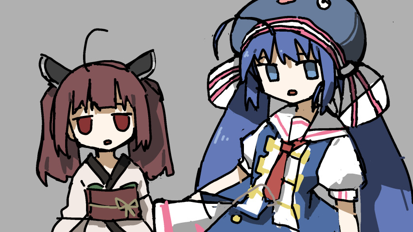 ahoge band_uniform blue_hair blue_shirt blunt_bangs brown_hair eel_hat grey_background headgear highres japanese_clothes jitome kimono knife large_hat low-braided_long_hair medium_hair necktie obi otomachi_una otomachi_una_(sugar) puffy_short_sleeves puffy_sleeves red_eyes sailor_collar sash semi-rimless_eyewear shirt short_kimono short_sleeves short_yukata sidelocks simple_background solid_eyes tabi touhoku_kiritan tsukumizu_yuu twintails vocaloid voiceroid white_sailor_collar yukata