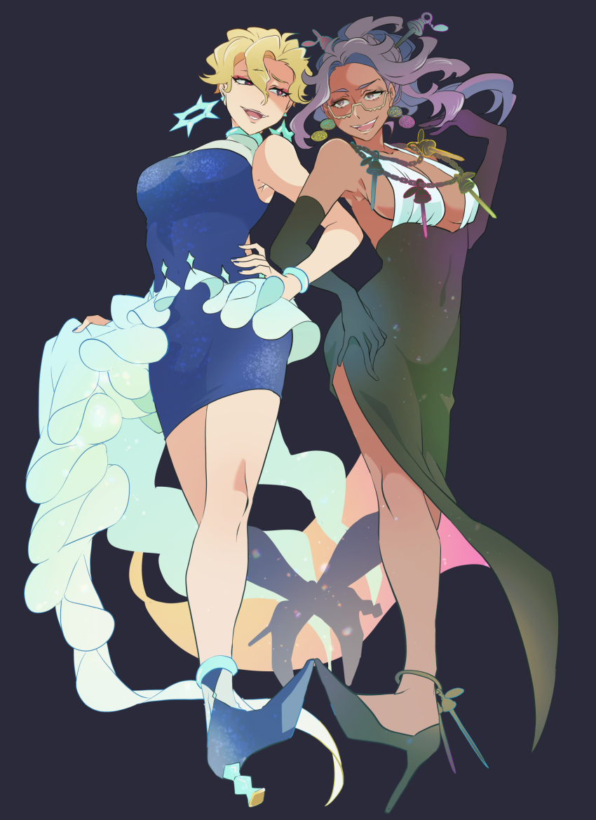 2girls black_dress blonde_hair blue_dress breasts briar_(pokemon) bright_pupils brown_eyes dark-skinned_female dark_skin dress earrings eyelashes eyeshadow glasses hair_between_eyes highres jewelry long_hair makeup maruboku messy_hair multiple_girls open_mouth pokemon pokemon_sv ponytail purple_hair raifort_(pokemon) semi-rimless_eyewear short_hair smile under-rim_eyewear