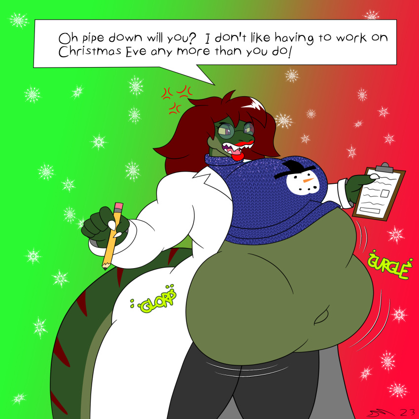 absurd_res angry anthro belly big_belly christmas christmas_clothing christmas_sweater christmas_topwear clipboard clothing coat dinosaur dirtymac eyewear female glasses green_body green_scales green_skin hair hi_res holidays lab_coat oral_vore pencil_(object) red_eyes red_hair red_stripes reptile scales scalie squirming stripes sweater topwear vore