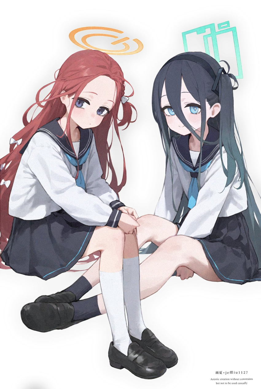 2girls absurdres ai-assisted ai-generated amenatsu aris_(blue_archive) artist_name black_footwear blue_archive blue_eyes blush english_text halo highres long_sleeves looking_at_viewer multiple_girls neckerchief pleated_skirt red_hair sailor_collar school_uniform serafuku simple_background skirt smile socks translation_request yuzu_(blue_archive)