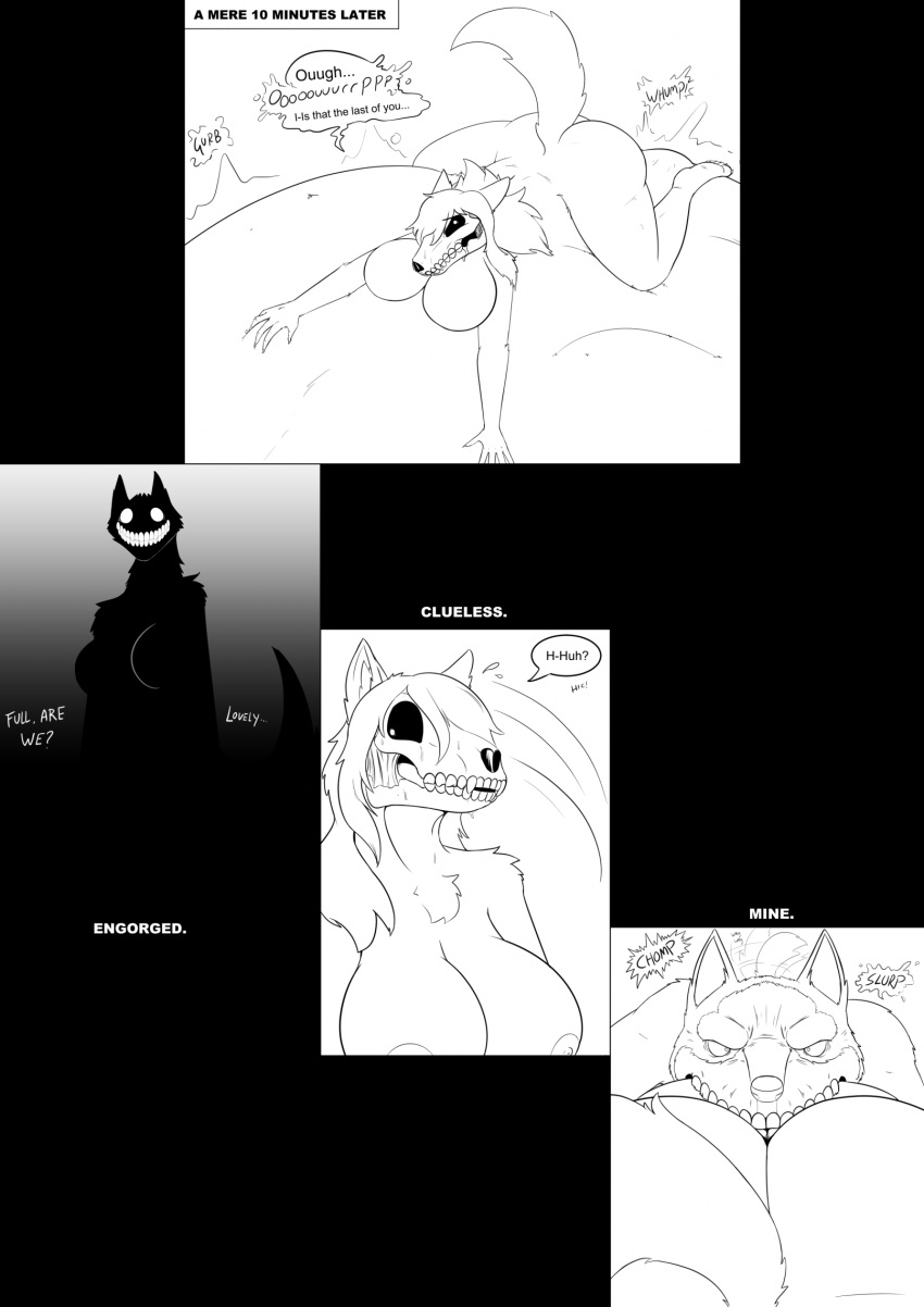 anthro belly big_belly breasts canid canine canis comic creepypasta curvy_figure english_text evergreenplate female female/female female_pred female_prey flatwoods_monster fluffy fluffy_tail furniture hair hi_res licking mammal mass_vore monochrome nude scp-1471 scp-1471-a scp_foundation smile.dog speech_bubble squirming tail text tongue tongue_out vore wolf