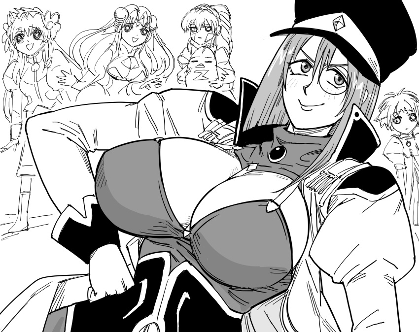 5girls absurdres bb_(baalbuddy) breasts cleavage forte_stollen galaxy_angel greyscale hair_between_eyes hand_on_own_hip hat highres juliet_sleeves large_breasts long_sleeves looking_at_viewer military_hat monochrome monocle multiple_girls narrow_waist puffy_sleeves smile solo_focus