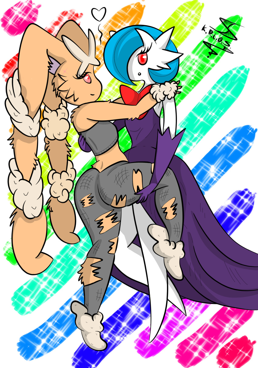 2018 anthro breasts butt clothed clothing digital_drawing_(artwork) digital_media_(artwork) dress eyelashes female female/female fur gardevoir hair long_ears long_eyelashes looking_at_viewer lopunny nintendo pants pok&eacute;mon pok&eacute;mon_(species) rabbit rabit servaart simple_background smile video_games