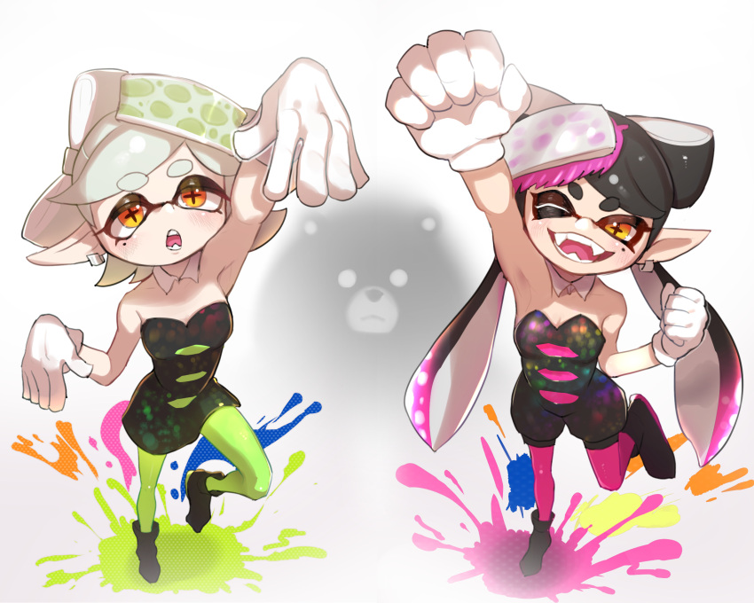 2girls ;d arm_up bare_shoulders black_dress black_footwear black_hair blush boots bow-shaped_hair breasts callie_(splatoon) clenched_hands commentary_request cross-shaped_pupils detached_collar dress earrings fangs gloves gradient_hair green_pantyhose grey_hair hair_ornament hand_up highres jewelry leg_up long_hair looking_at_viewer marie_(splatoon) medium_breasts medium_hair mole mole_under_eye mr._grizz_(splatoon) multicolored_hair multiple_girls one_eye_closed onikuman open_mouth orange_eyes paint paint_splatter pantyhose parted_bangs pink_hair pink_pantyhose pointy_ears short_dress short_eyebrows simple_background smile splatoon_(series) splatoon_3 strapless strapless_dress swept_bangs symbol-shaped_pupils teeth tentacle_hair thick_eyebrows tongue twintails v-shaped_eyebrows very_long_hair white_background white_gloves wing_collar