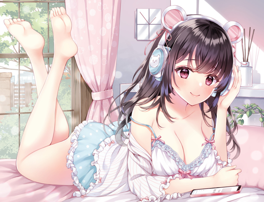 1girl animal_ear_headphones animal_ears ass babydoll barefoot bed bed_sheet black_hair blue_shorts blush breasts building cellphone city cleavage closed_mouth collarbone day fake_animal_ears feet hair_ribbon headphones highres indoors leaf legs long_hair looking_at_viewer lying mintsu_(ichi--kun) non-web_source on_bed on_stomach original phone pillow plant polka_dot polka_dot_shorts purple_eyes ribbon shelf shorts sleepwear smartphone smile soles solo the_pose toes tree white_babydoll window