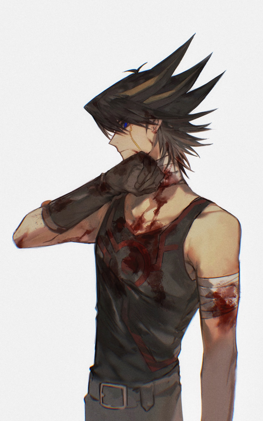1boy absurdres arm_up bandaged_arm bandaged_neck bandages belt black_hair black_tank_top blood blood_on_bandages blood_on_chest blood_on_clothes blood_on_face blue_eyes brown_gloves elbow_gloves expressionless facial_mark facial_tattoo fudou_yuusei gloves grey_background highres male_focus multicolored_hair naoki_(2rzmcaizerails6) no_jacket pants short_hair simple_background solo spiked_hair standing streaked_hair tank_top tattoo upper_body wiping_face yu-gi-oh! yu-gi-oh!_5d's