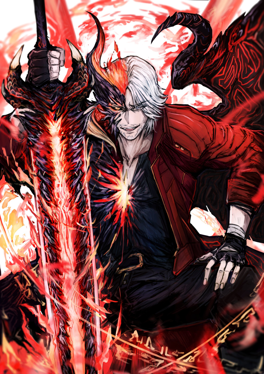 1boy absurdres aura beard_stubble black_sclera colored_sclera dante_(devil_may_cry) demon_boy demon_wings devil_may_cry_(series) devil_may_cry_5 devil_sword_dante devil_trigger facial_hair glowing glowing_sword glowing_weapon highres horns jacket long_long_guaiwu_yuan looking_at_viewer red_jacket sin_devil_trigger smile solo sword transformation weapon white_hair wings