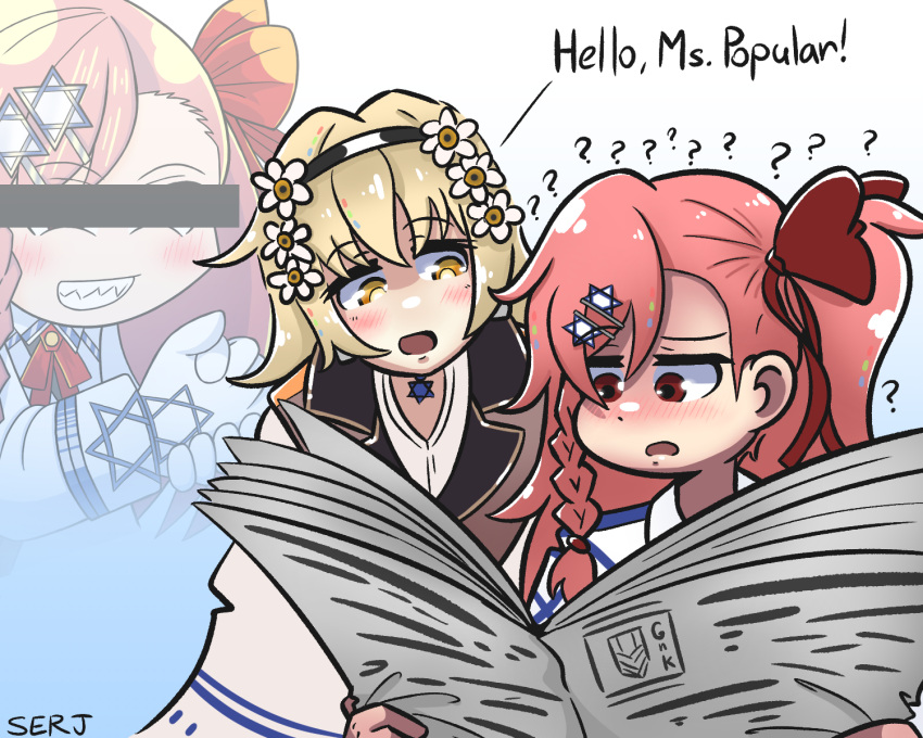 3girls ? artist_name blonde_hair bow braid chamomile covered_eyes english_text flower girls'_frontline gradient_background griffin_&amp;_kryuger hair_flower hair_ornament hairband hairclip hexagram highres le_happy_merchant_(meme) meme multiple_girls negev_(girls'_frontline) one_side_up pink_hair red_bow red_eyes serjatronic side_braid spoken_question_mark star_of_david x95_(girls'_frontline) yellow_eyes