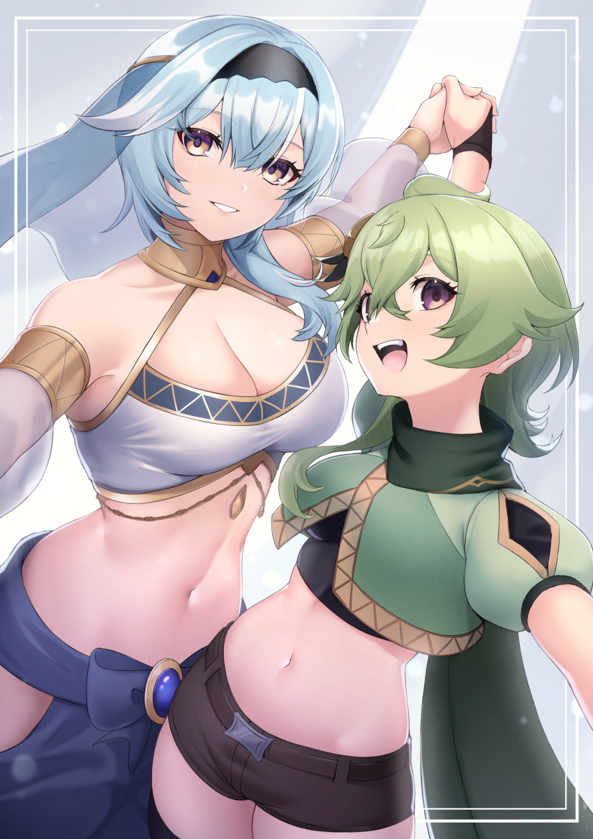 2girls absurdres bare_shoulders black_hairband black_shorts blue_hair breasts brown_eyes cleavage collei_(genshin_impact) commentary_request cowboy_shot crop_top detached_sleeves eula_(genshin_impact) genshin_impact green_hair green_shirt grin hairband highres jewelry kirima_(user_danf8787) large_breasts long_hair long_sleeves looking_at_viewer midriff multiple_girls navel neck_ring puffy_short_sleeves puffy_sleeves purple_eyes shirt short_shorts short_sleeves shorts smile standing stomach veil