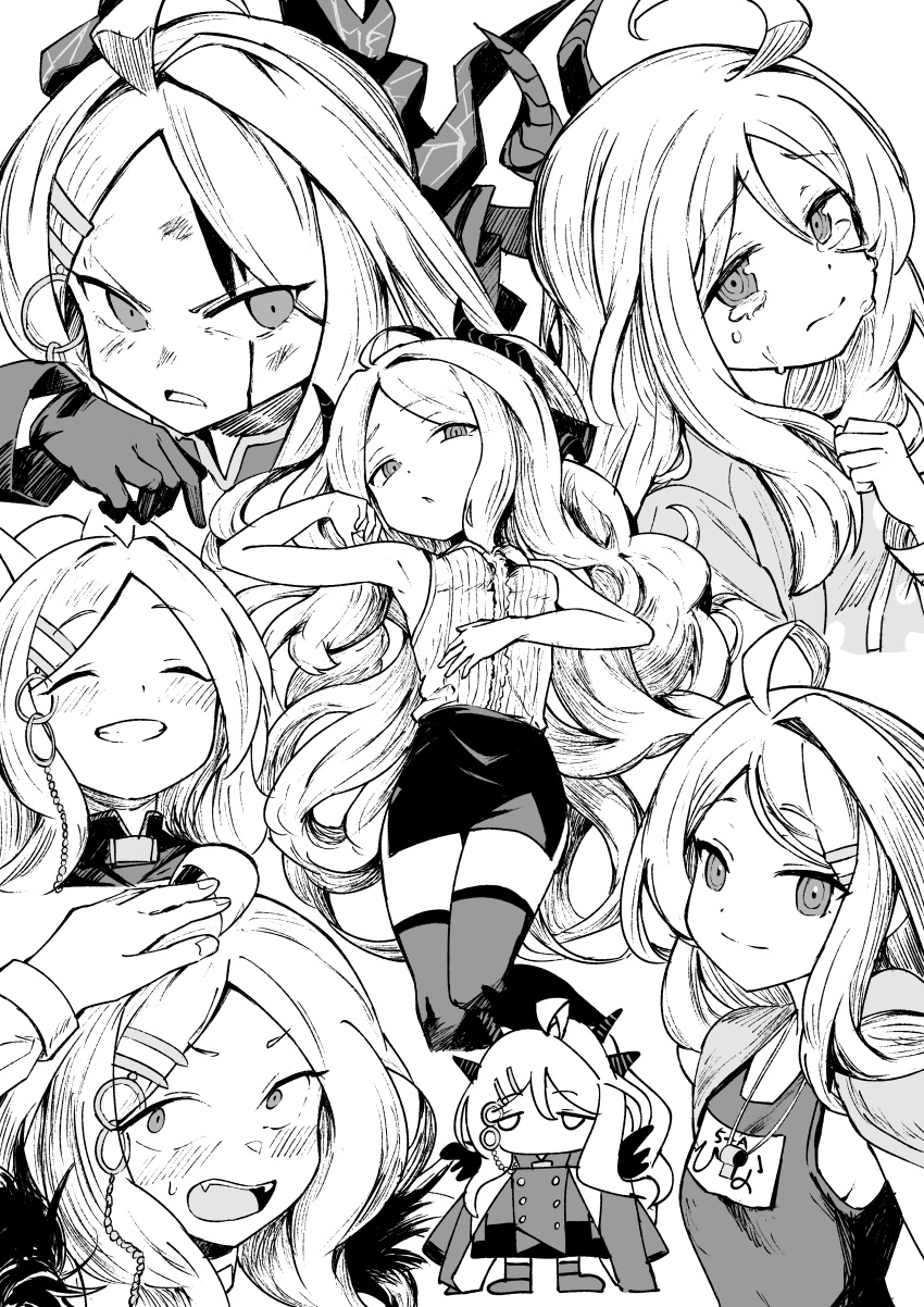 1girl absurdres blood blood_on_face blue_archive blush clenched_teeth closed_mouth crying flat_chest gloves greyscale grin hayashi_itsuki highres hina_(blue_archive) hina_(swimsuit)_(blue_archive) horns long_hair looking_at_viewer monochrome multiple_views official_alternate_costume one-piece_swimsuit open_mouth pencil_skirt petting school_swimsuit shirt skirt sleeveless sleeveless_shirt smile swimsuit tears teeth thighhighs whistle whistle_around_neck zettai_ryouiki