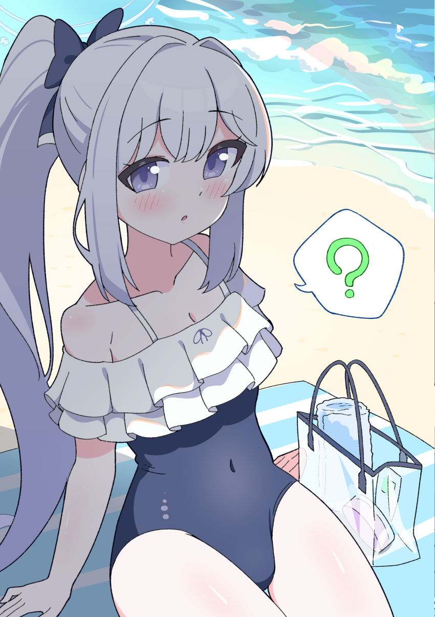 1girl ? absurdres bare_shoulders beach blue_archive blue_bow blue_one-piece_swimsuit blush bow expressionless frilled_one-piece_swimsuit frills hair_bow highres looking_at_viewer miyako_(blue_archive) miyako_(swimsuit)_(blue_archive) ocean one-piece_swimsuit open_mouth outdoors ponytail purple_eyes solo spoken_question_mark swimsuit torikoshi_kurou transparent_bag white_hair