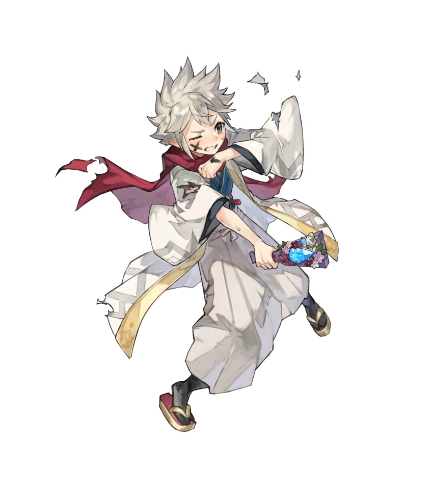 1boy closed_eyes dragonstone fire_emblem fire_emblem_fates fire_emblem_heroes grin hagoita heart_attack highres japanese_clothes kana_(fire_emblem) kana_(male)_(fire_emblem) kana_(male)_(rising_dragon)_(fire_emblem) kimono non-web_source official_alternate_costume official_art paddle scarf smile solo spiked_hair teeth v-shaped_eyebrows white_hair