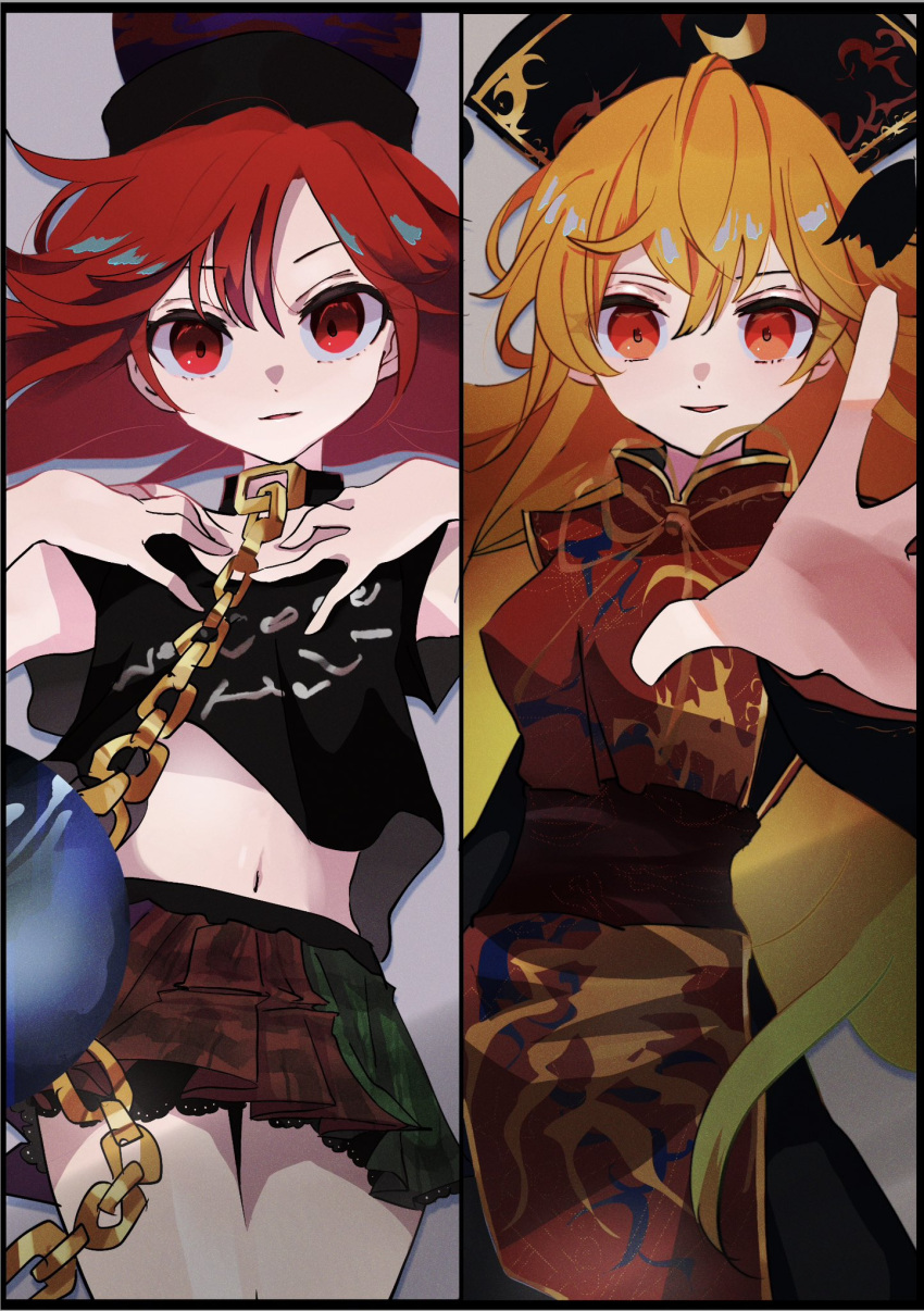 2girls arm_up belt black_border black_choker black_dress black_headwear black_shirt border breasts brown_belt chain chinese_clothes choker clothes_writing crescent crescent_print dress earth_(ornament) emimi_(emimi_28) gold_chain green_skirt grey_background hair_between_eyes hands_up hat hecatia_lapislazuli highres junko_(touhou) long_hair long_sleeves looking_at_viewer mandarin_collar medium_breasts medium_hair miniskirt multicolored_clothes multicolored_skirt multiple_girls navel neck_ribbon open_mouth orange_hair phoenix_crown plaid plaid_skirt pom_pom_(clothes) red_eyes red_hair red_skirt red_tabard ribbon shirt short_sleeves simple_background skirt smile standing t-shirt tabard tassel touhou underworld_(ornament) wide_sleeves yellow_ribbon