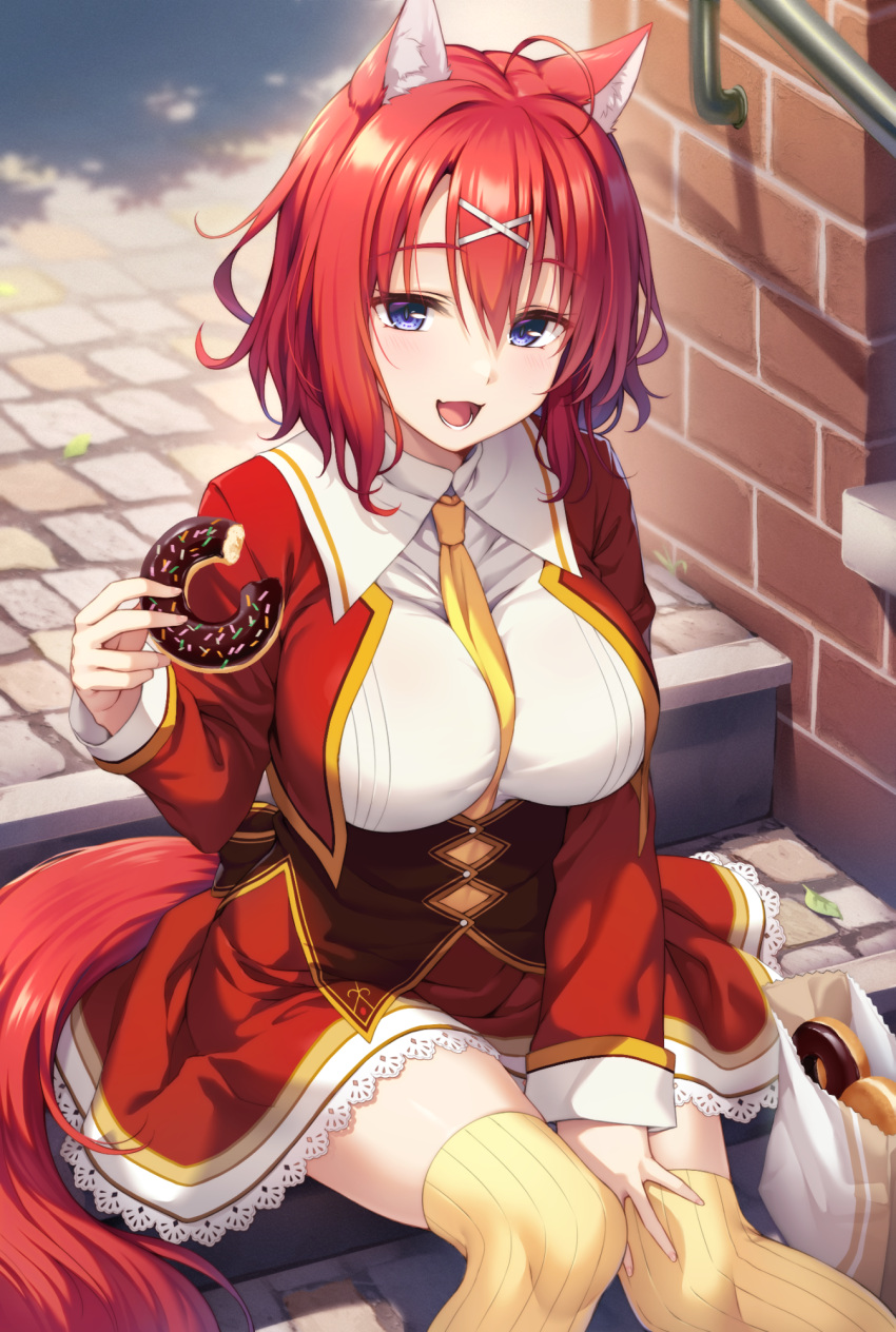 1girl :d ahoge amairo_islenauts animal_ear_fluff animal_ears bag between_breasts between_legs blue_eyes blush breasts brown_corset chocolate_doughnut collared_shirt commentary_request corset cropped_jacket day doughnut eyelashes fang feet_out_of_frame food frilled_skirt frills hair_between_eyes hair_ornament hairclip hand_between_legs hand_up handrail happy highres holding holding_food jacket knees_together_feet_apart large_breasts long_sleeves looking_at_viewer lower_teeth_only masaki_gaillard medium_hair necktie necktie_between_breasts open_clothes open_jacket open_mouth outdoors paper_bag red_hair red_jacket red_skirt red_tail ribbed_thighhighs school_uniform shirt sitting sitting_on_stairs skin_fang skirt slit_pupils smile solo stairs tail teeth thighhighs thighs tsurime wavy_hair white_shirt wing_collar wolf_ears wolf_girl wolf_tail x_hair_ornament yellow_necktie yellow_thighhighs yuzu_modoki zettai_ryouiki