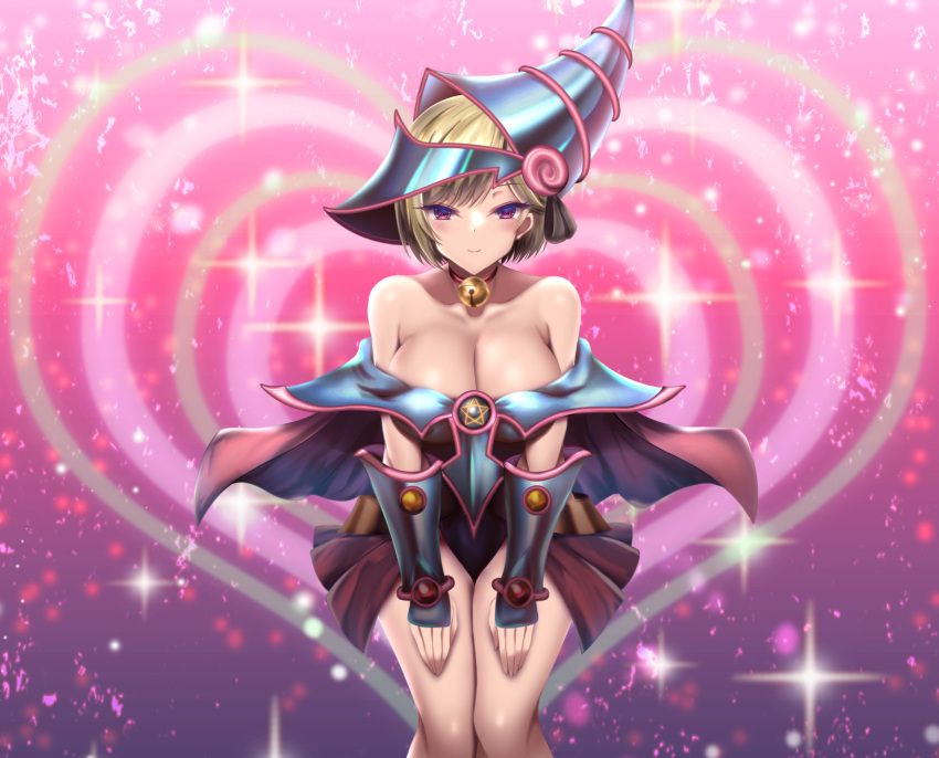 1girl akina_t bell blonde_hair blue_headwear blush breasts cleavage cosplay dark_magician_girl dark_magician_girl_(cosplay) dress hands_on_own_thighs hat heart highres jingle_bell large_breasts looking_at_viewer low_neckline neck_bell off-shoulder_dress off_shoulder original pink_eyes short_hair smile solo vambraces wizard_hat yu-gi-oh!