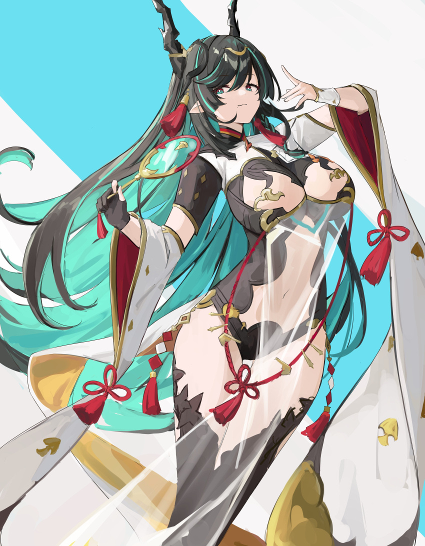 1girl :3 absurdres asymmetrical_sleeves black_gloves black_hair black_leotard blue_background braid breast_cutout breasts check_commentary cleavage closed_mouth clothing_cutout colored_inner_hair commentary_request crossed_legs detached_sleeves dragon dragon_girl dragon_horns flower_knot gloves granblue_fantasy green_eyes green_hair hair_ornament haira_(granblue_fantasy) hand_fan hand_up highres holding holding_fan horns large_breasts leotard long_hair looking_to_the_side mismatched_sleeves mole mole_under_mouth multicolored_hair navel partially_fingerless_gloves pointy_ears red_eyes red_tassel see-through see-through_cleavage shiro_wa_(shiroshironix) simple_background single_glove smile solo standing stomach_cutout streaked_hair tassel tassel_hair_ornament tuanshan two-tone_eyes very_long_hair white_background wide_sleeves wristband