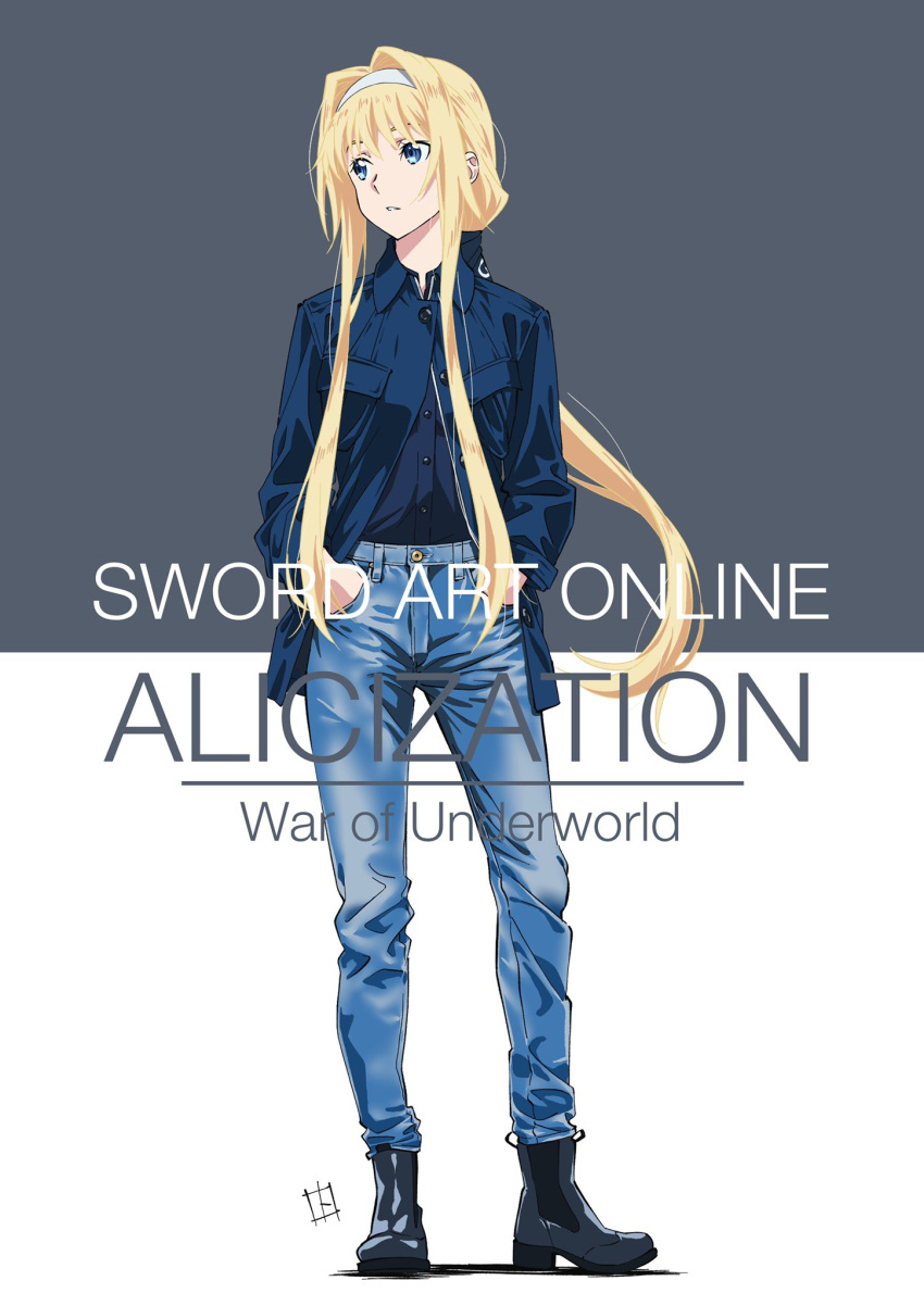 1girl alice_zuberg blonde_hair blue_eyes blue_jacket boots bow copyright_name denim hair_bow hands_in_pockets highres jacket jeans long_hair open_clothes open_jacket pants sidelocks simple_background solo sword_art_online sword_art_online:_alicization tokuoka_kouhei two-tone_background very_long_hair