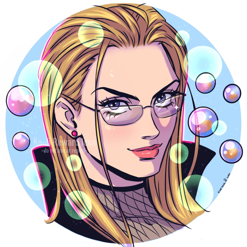 1girl blonde_hair blue_background bubble circle close-up ellie_mehl english_commentary eyelashes fishnet_top fishnets glasses hair_slicked_back highres kalifa_(one_piece) long_hair looking_at_viewer loose_hair_strand one_piece pink_lips simple_background smile solo