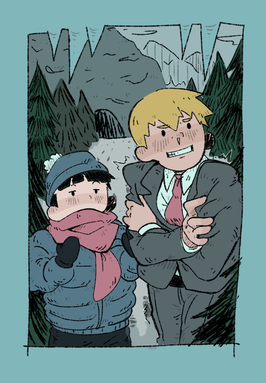 2boys black_hair blonde_hair blue_border blush border coat cold cutystuffy grey_suit hat highres kageyama_shigeo long_sleeves male_focus mittens mob_psycho_100 multiple_boys outdoors reigen_arataka scarf short_hair standing suit tree trembling winter_clothes