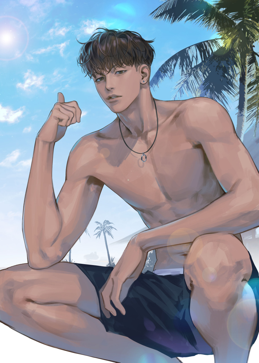 1boy abs absurdres beach brown_eyes brown_hair dark-skinned_male dark_skin day earrings feet_out_of_frame highres jewelry looking_at_viewer male_focus male_swimwear miyagi_ryouta navel necklace nolja_cz outdoors palm_tree parted_lips pointing slam_dunk_(series) solo squatting stud_earrings sun_glare swim_trunks toned toned_male topless_male tree undercut wavy_hair