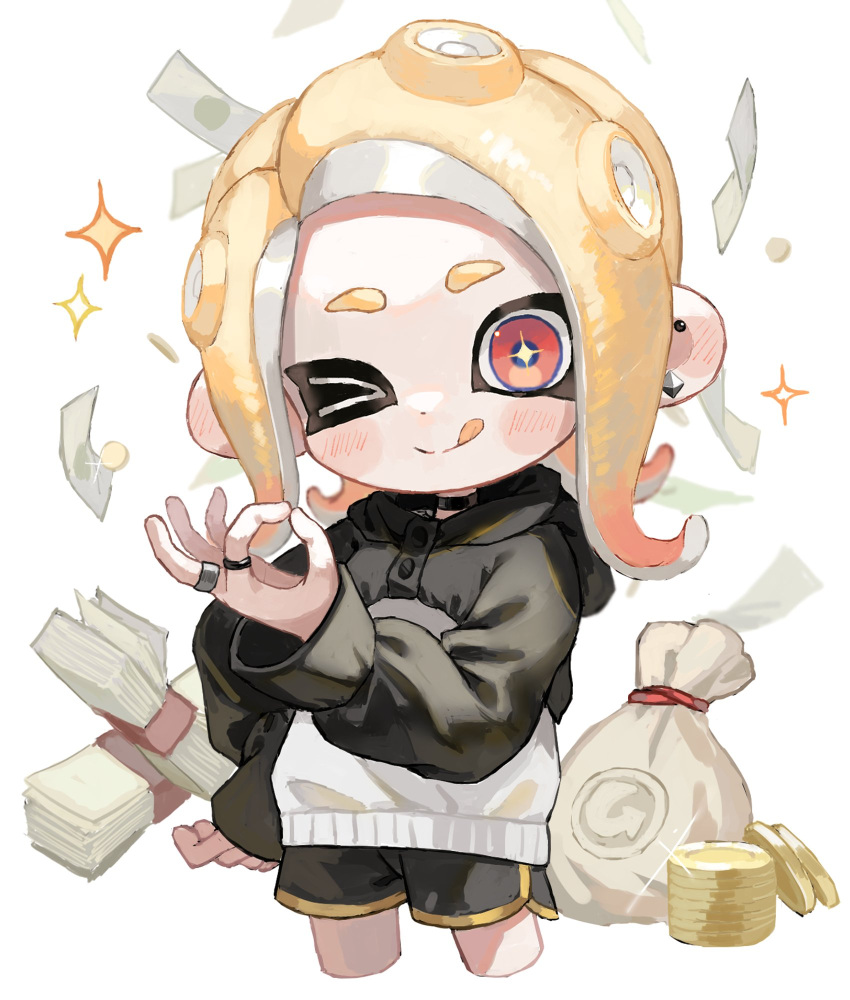 +_+ 1girl :q banknote black_jacket black_shorts blonde_hair coin commentary cowboy_shot dot_nose ear_piercing glint hand_on_own_hip highres jacket jewelry medium_hair money money_bag multicolored_clothes multicolored_jacket multiple_rings myon_rio octoling octoling_girl ok_sign one_eye_closed piercing ring short_shorts shorts solo sparkle splatoon_(series) symbol-only_commentary tentacle_hair thick_eyebrows tongue tongue_out two-tone_jacket white_background white_jacket yellow_trim