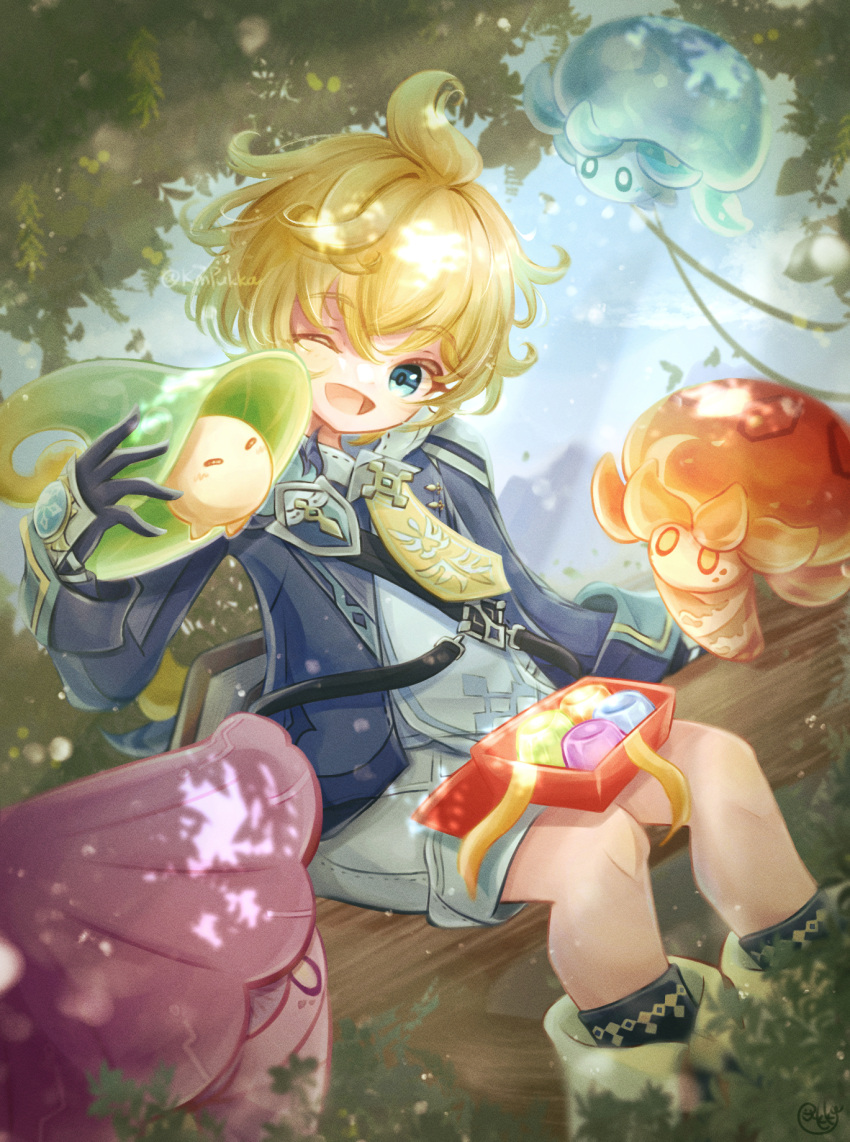1boy :d ahoge arm_guards artist_name black_gloves black_socks blonde_hair blue_eyes blue_jacket blue_sky blurry blurry_background blush book boots box branch candy closed_eyes commentary_request dappled_sunlight day feet_out_of_frame fold-over_boots food fungi_(genshin_impact) genshin_impact gloves grey_shorts hair_between_eyes head_tilt highres hood hood_down hoodie in_tree jacket kmpukka light_particles light_rays long_sleeves looking_at_another male_focus mika_(genshin_impact) mountainous_horizon necktie one_eye_closed open_clothes open_jacket open_mouth outdoors plant ribbon short_hair shorts sidelocks signature sitting sitting_in_tree sky smile socks sunlight tree twitter_username vines vision_(genshin_impact) white_hoodie yellow_necktie yellow_ribbon