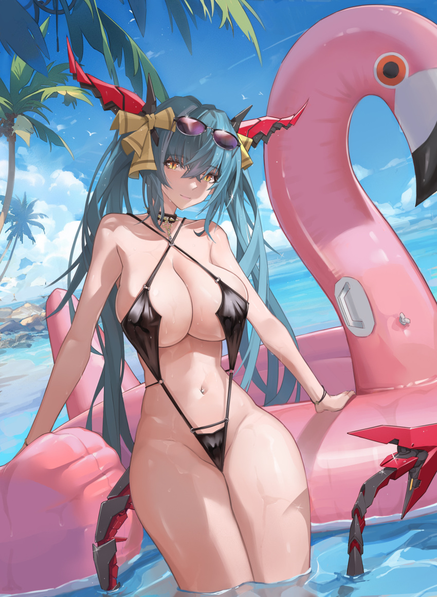 1girl 47erba absurdres azur_lane blush breasts dragon_horns eyewear_on_head highres horns inflatable_flamingo large_breasts long_hair mechanical_horns mechanical_tail ocean official_alternate_costume regensburg_(azur_lane) regensburg_(dark_dragon_brilliant_beach)_(azur_lane) slingshot_swimsuit smile solo sunglasses swimsuit tail twintails yellow_eyes