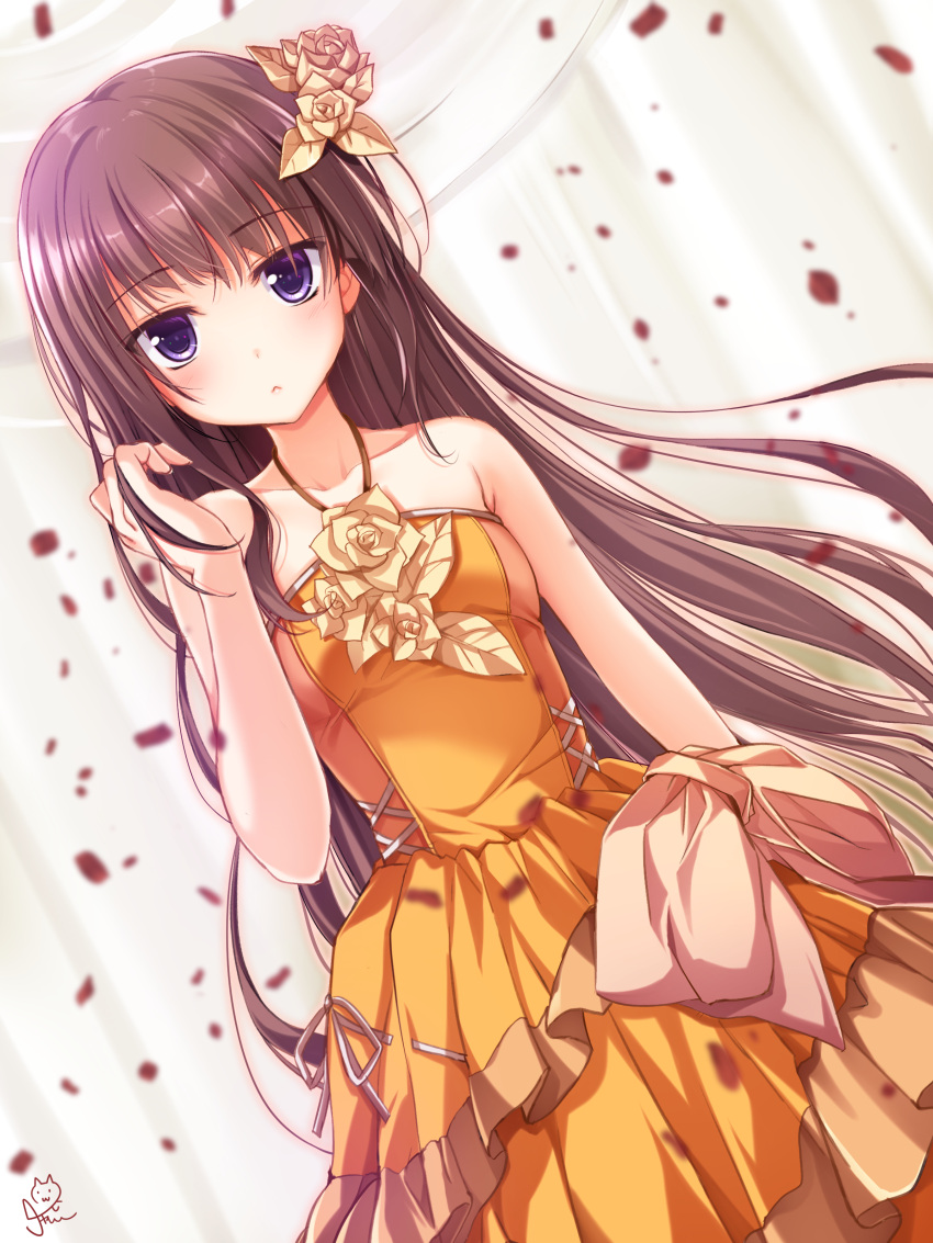 1girl :&lt; absurdres arm_at_side armpit_crease bare_arms bare_shoulders blush breasts brown_hair chaamii closed_mouth collarbone commentary cowboy_shot dress dutch_angle eyelashes falling_petals floating_hair flower formal frilled_dress frills hair_between_eyes hair_down hair_flower hair_ornament hair_tucking halterneck hand_up hapymaher highres hirasaka_keiko indoors long_hair looking_at_viewer official_alternate_costume official_alternate_hairstyle orange_dress petals purple_eyes rose rose_petals sleeveless sleeveless_dress small_breasts solo standing very_long_hair yellow_flower yellow_rose