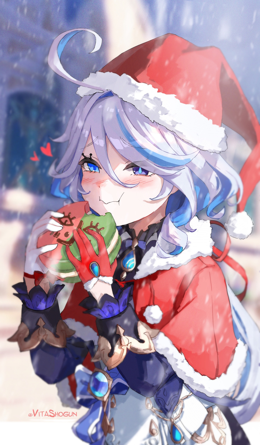 1girl absurdres ahoge artist_name ascot asymmetrical_gloves blue_gloves blue_hair blurry blurry_background capelet closed_mouth commentary drop-shaped_pupils eating food fur-trimmed_capelet fur-trimmed_headwear fur_trim furina_(genshin_impact) genshin_impact gloves hair_between_eyes half_gloves hat heterochromia highres holding holding_food jacket light_blue_hair long_hair low_ponytail macaron mismatched_gloves outdoors pastry pom_pom_(clothes) red_capelet red_gloves red_headwear santa_hat snowing solo vision_(genshin_impact) vitashogun white_gloves white_hair