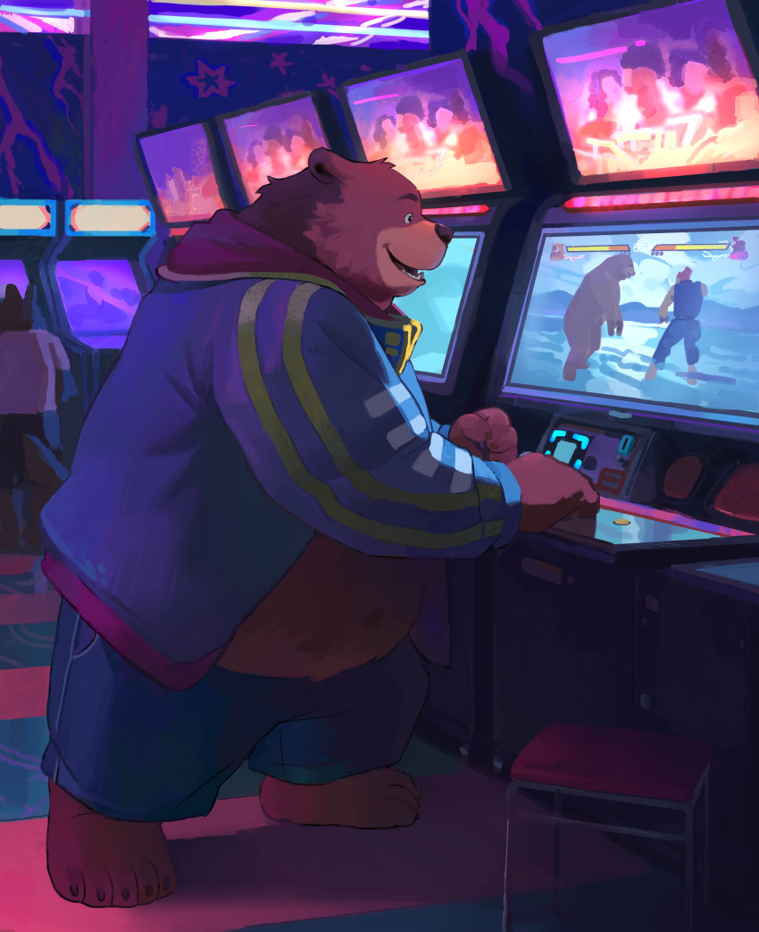 2023 absurd_res akuma_(street_fighter) anthro arcade_game arcade_machine background_character barefoot bear belly blue_bottomwear blue_clothing blue_jacket blue_jeans blue_pants blue_topwear bottomwear brown_body capcom clothing denim denim_bottomwear denim_clothing detailed_background feet gaming hi_res huynhduyad14 jacket jeans kuma_(tekken) male mammal overweight overweight_anthro overweight_male pants playing_videogame smile solo street_fighter topwear