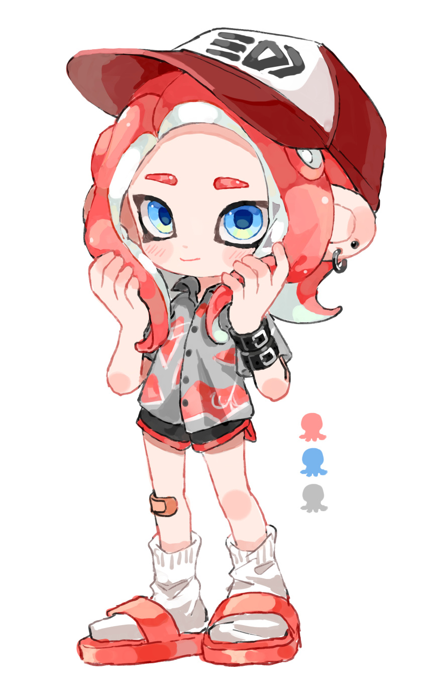 1girl absurdres baseball_cap black_shorts blue_eyes closed_mouth commentary_request ear_piercing earrings full_body hat hawaiian_shirt highres jewelry long_hair myon_rio octoling octoling_girl piercing red_footwear red_hair red_trim sandals shirt short_shorts shorts simple_background smile socks solo splatoon_(series) standing tentacle_hair white_background white_socks